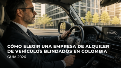 Camioneta blindada circulando frente a edificios corporativos en una zona empresarial de Colombia.