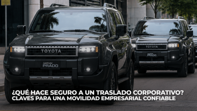 Camioneta blindada transportando ejecutivos frente a un edificio corporativo moderno.